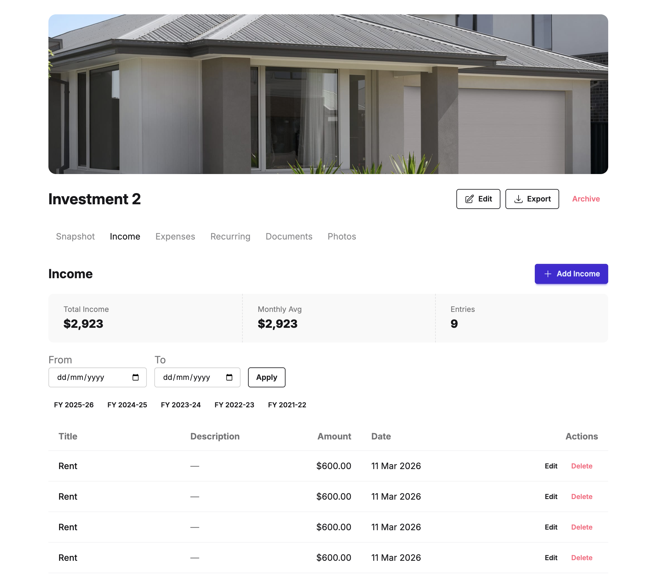 Income and expense tracking mobile view